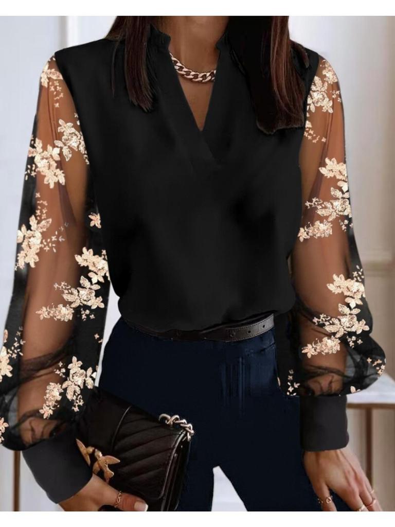 V Collarl Lace Splicing Long Sleeve Shirts Women T Shirt Female Flower Embroidery Blouses Casual Top