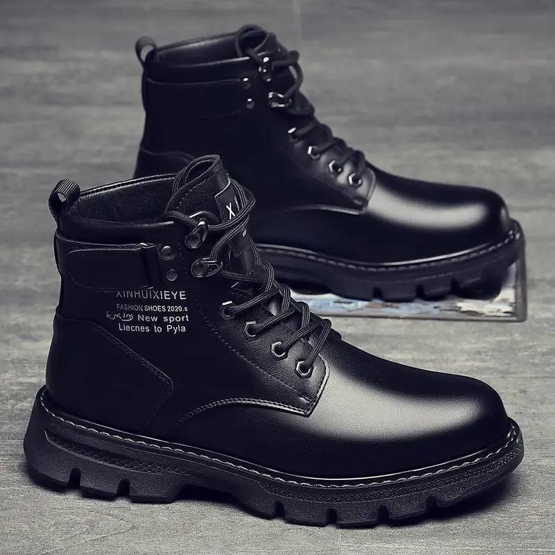 Male Casual Boots Thick Sole Lace Up Non Slip and Waterproof Men's Leather Shoes Platform Classic Original On Sale Cowhide Pu