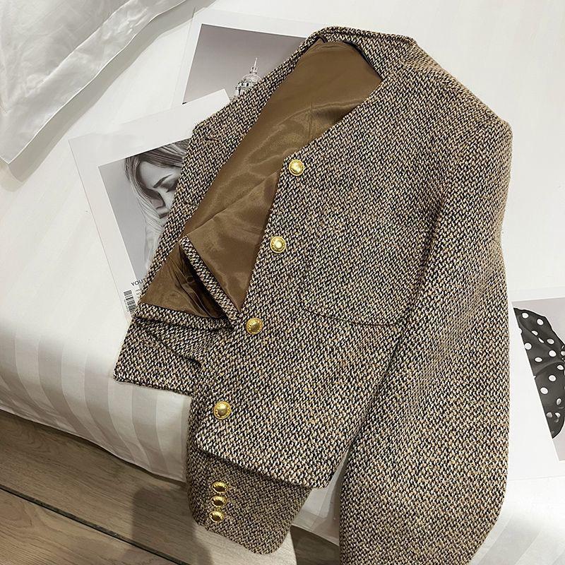 Chaqueta de tweed corta vintage para mujer, elegante blazer corto coreano de otoño, de un solo pecho, combina con todo, ropa de abrigo informal y elegante