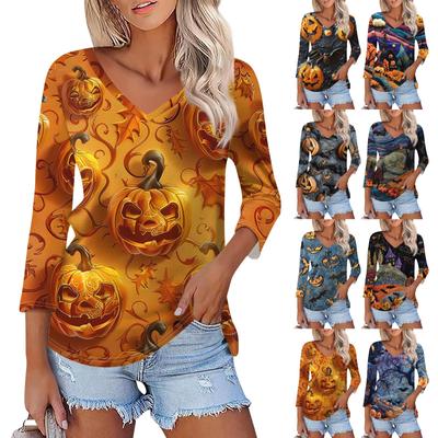 Shirt For Women's Fashion Casual V Neck 3/4 Sleeve Loose Halloween Printed T-Shirt Ladies Top