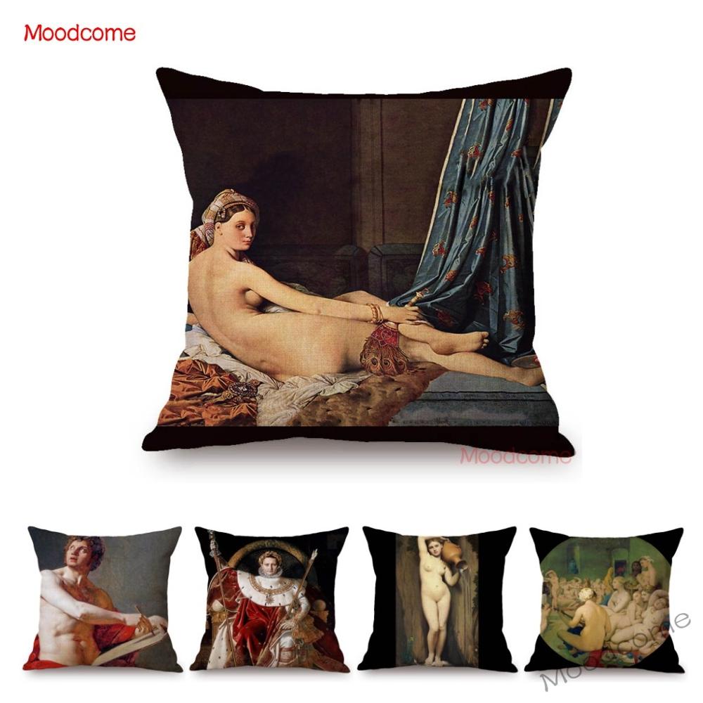 Neoclassical World Famous Oil Painting Jean Ingres Nepoleon The Source La Grande Odalisque Sofa Pillow Case Linen Cushion Cover