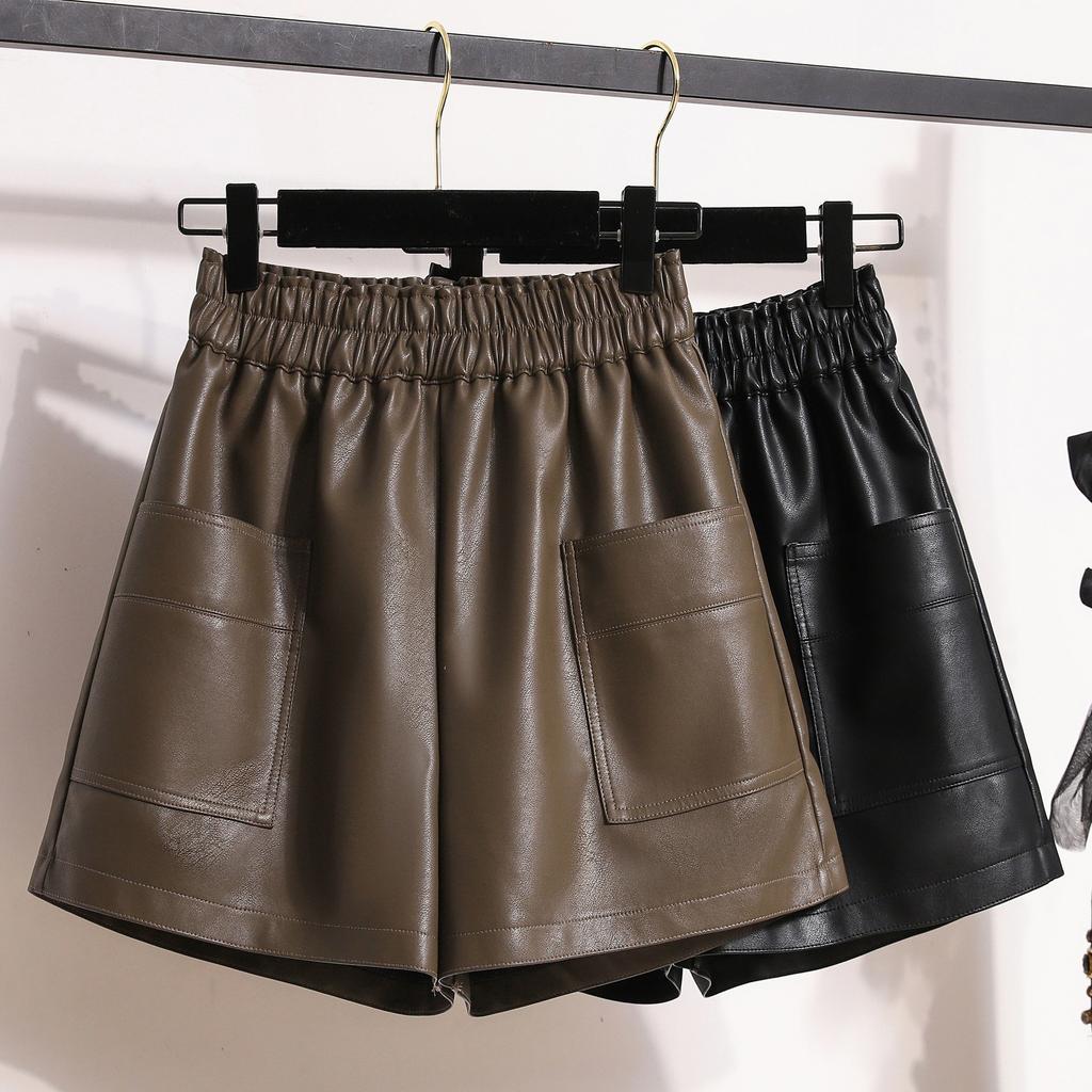 Autumn New High-waisted Pear-shaped Figure Slim A-word Wide-leg PU Short Leather Pants Boots