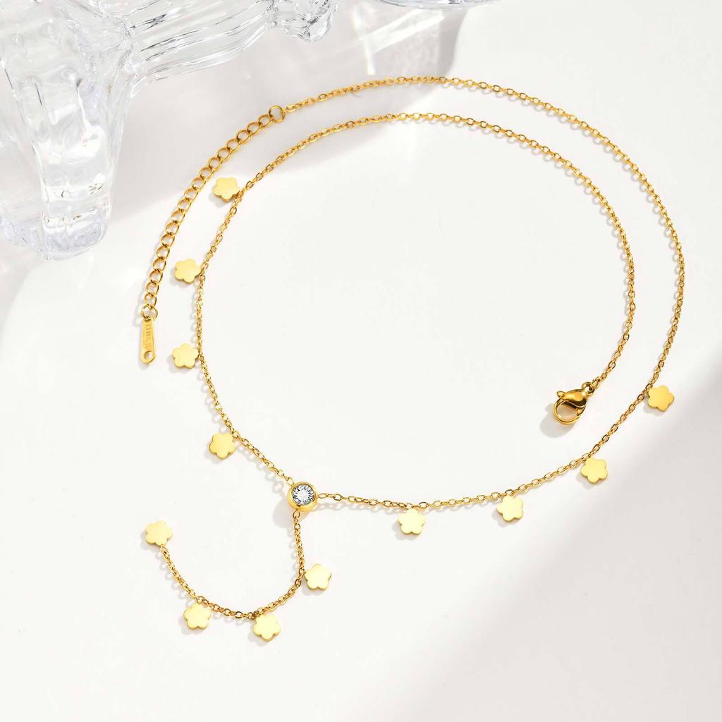 Wind Niche Summer Stainless Steel Flower Zircon Y-Shaped Necklace 18K Gold, Jewelry Nc-2425