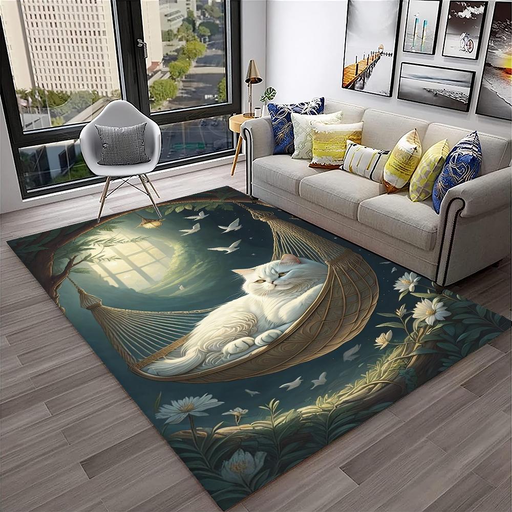 Cute Cat Flower Pastoral Cartoon Carpet Rug for Home Living Room Bedroom Sofa Doormat Decor,Kid Play Area Rug Non-slip Floor Mat