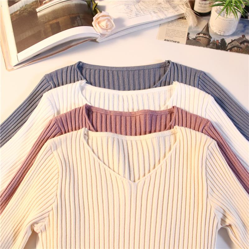 Autumn and Winter V-neck Knitted Sweater for Women Fashion Slim Fit Long Sleeve Base Pullover Sweaters Tops Ladies Elegant Solid Woman Knitwear 24978