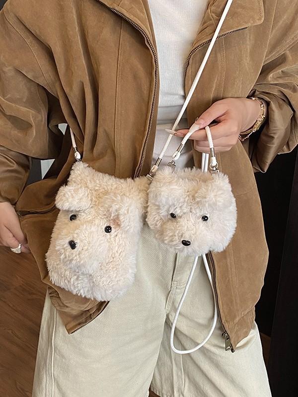 Cartoon Plush Bear Bag For Women With Large Capacity Soft Knit Material For Daily Use