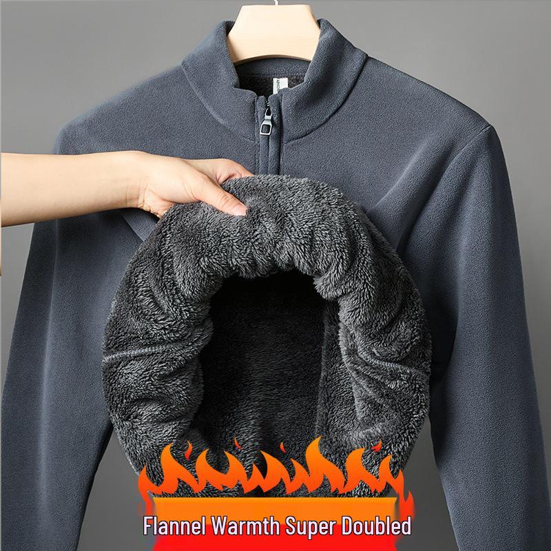 2025 Winter Men's Ollie Fleece Flannel Half-Zip Stand Collar Hoodie with Plus Velvet for Warmth and Cold Protection