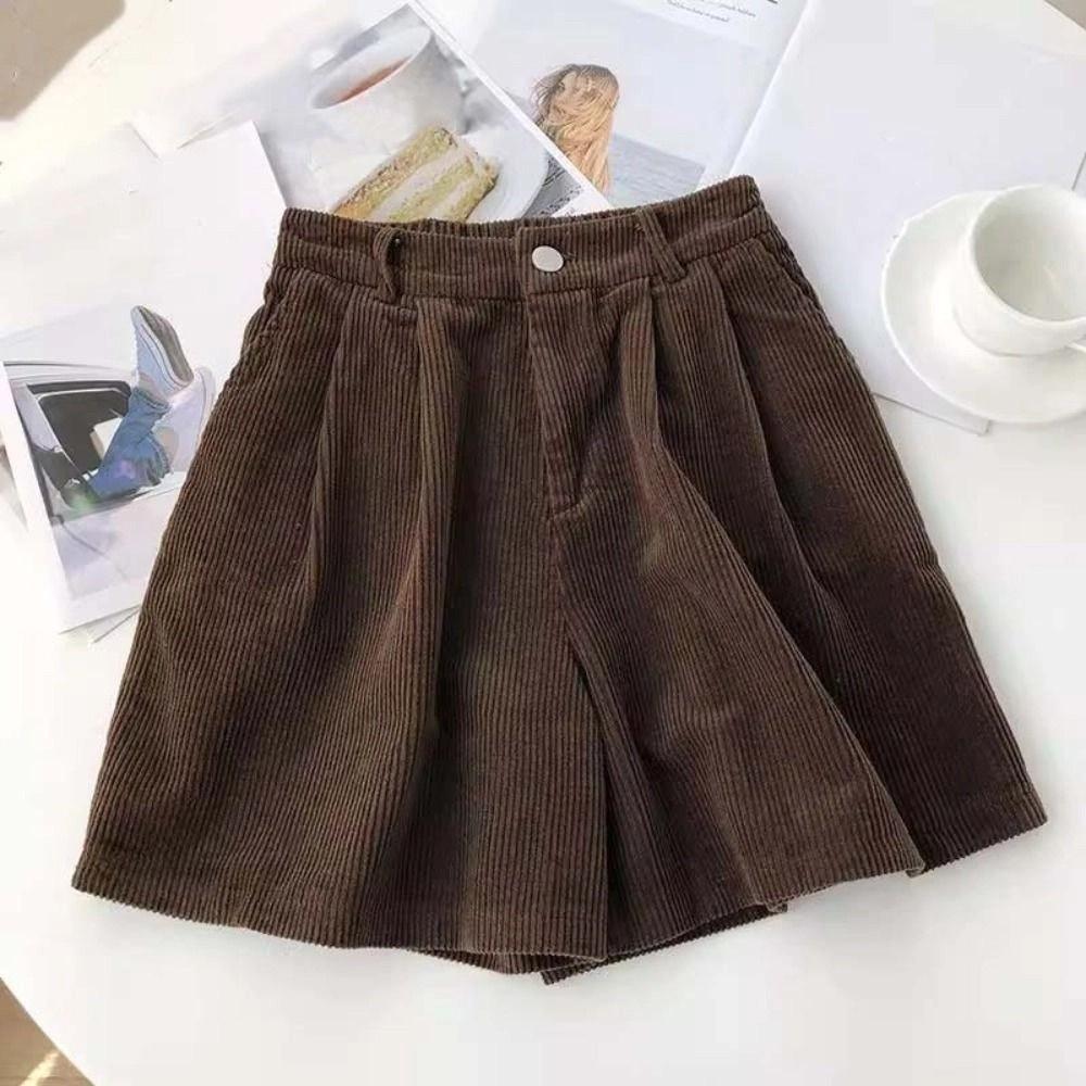 Elastic Wide Leg Short Pants Stripe Loose Streetwear Soft Women Corduroy Shorts Beachwear