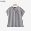 ZANZEA Women Grid Print Casual Round Neck Loose Short Sleeve Blouse