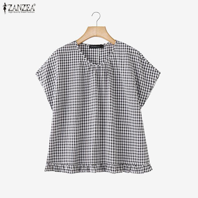 ZANZEA Women Grid Print Casual Round Neck Loose Short Sleeve Blouse