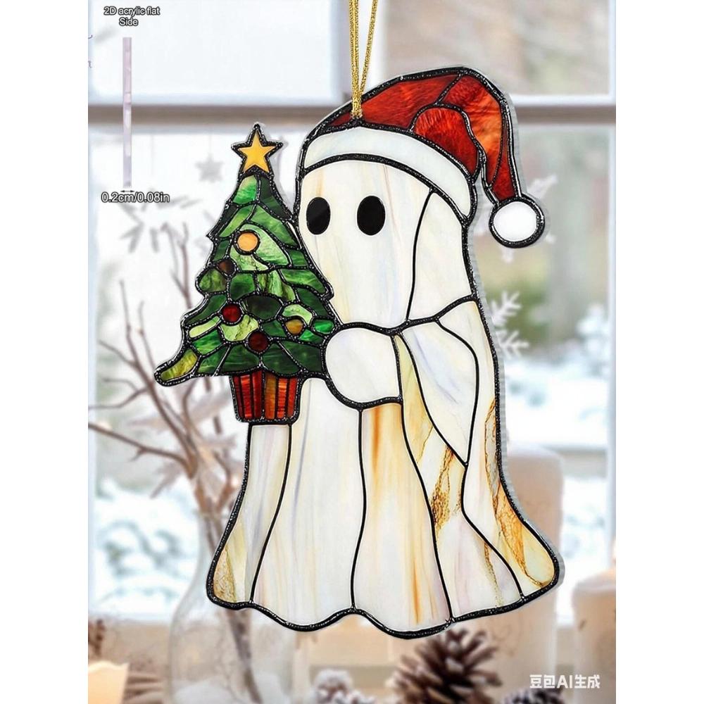1pc Acrylic Christmas Ghost Sun Catcher, Santa Hat&Christmas Tree Hanging Ornament, Window Decor Pendant