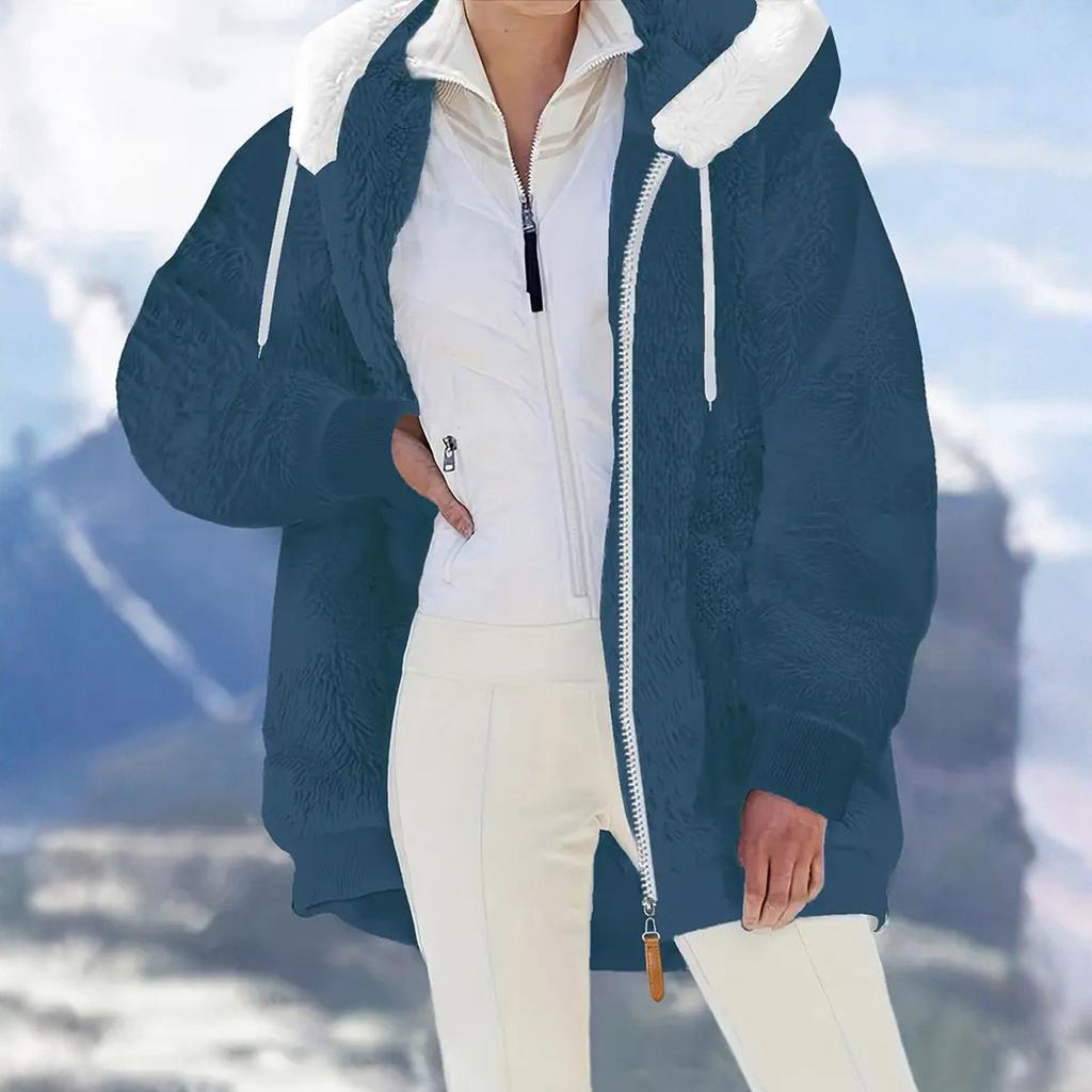 Women's Fashionable Plush Zipper Pocket Hooded Long Sleeved Loose Warm Jacket