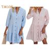 Button Down Shirt Dress for Women Casual Half Sleeve V-neck Stripe Dress Flowy A-line Midi Dress for Summer Beach Vacation