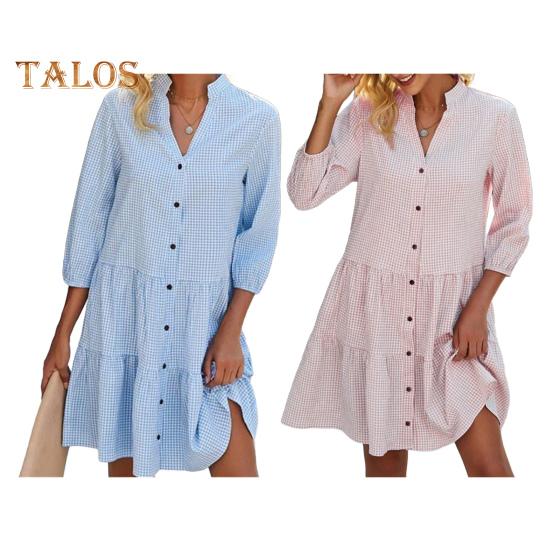 Button Down Shirt Dress for Women Casual Half Sleeve V-neck Stripe Dress Flowy A-line Midi Dress for Summer Beach Vacation