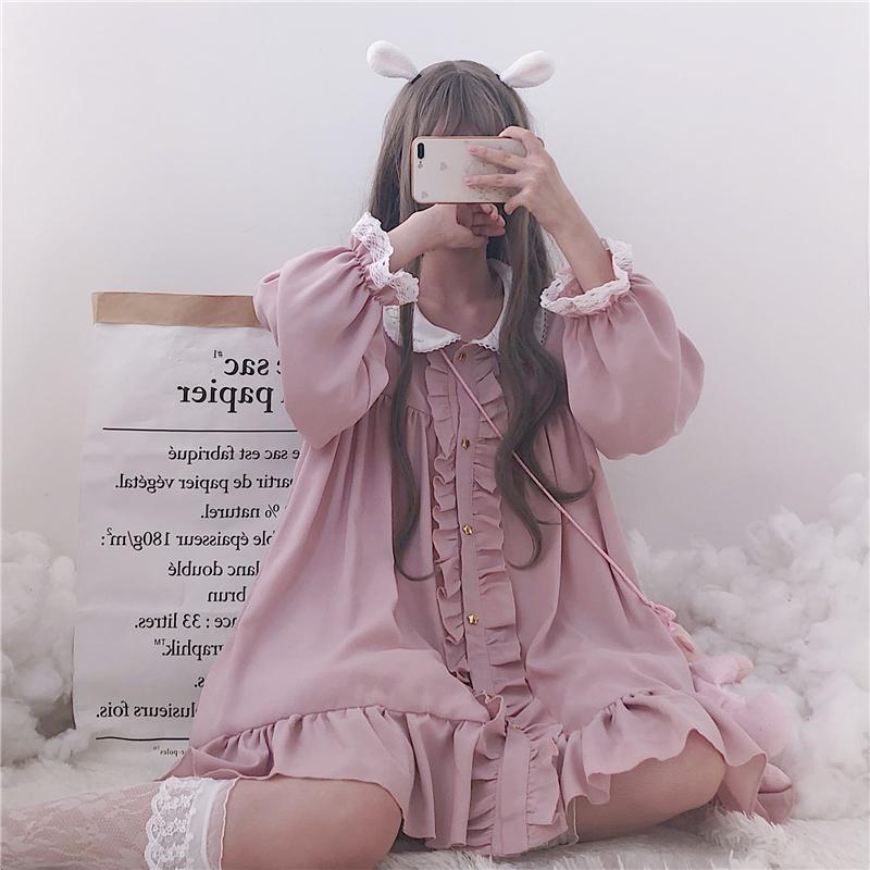 Frühling Herbst Kleid Frauen Harajuku Rosa Damen Rüschen Spitze Patch Kawaii Kleider Lolita Cosplay Süße Lose Vestidos