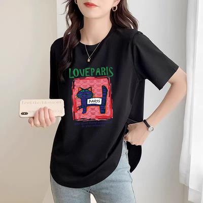 Lockeres schwarzes Baumwoll-T-Shirt mit Rundhalsausschnitt, kurzärmelig, für Damen, Sommer, geschwungener Saum, seitliche Schlitze, mittel-langes, po-bedeckendes Top