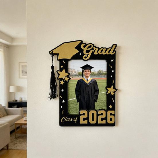 Wooden Photo Frame, Standard Size Graduation Picture Display, Black Gold with Rear Stand, Grad 2026 Picture Holder for Graduation Keepsake