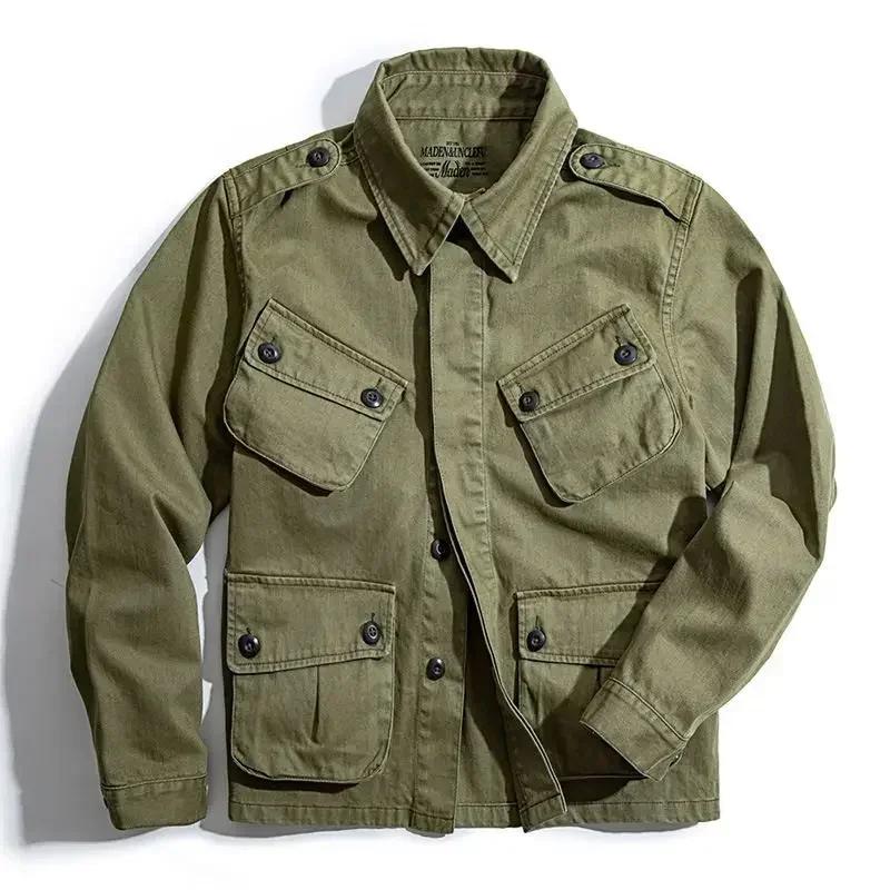 Bomber Jacket Men Multi-pockets Single Breasted Military Tactical Jacket Spring Autumn Windbreaker Solid Long Sleeve Retro Coat