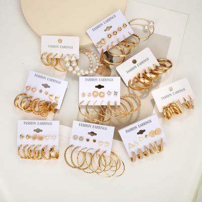 2024 New 44 Pcs Gold Color Hoop Earrings Set for Women Boho Fashion Chunky Heart Statement Pearl Earrings Retro Jewelry Gifts