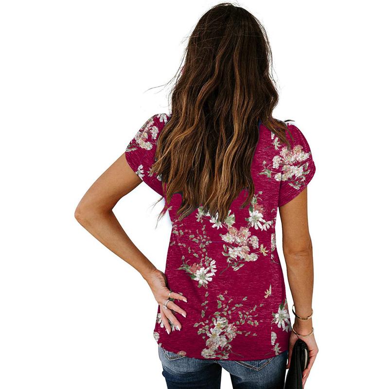 Womens Ladies Summer V Neck Blouse Solid Color Printed Short Sleeves T-shirt Tops