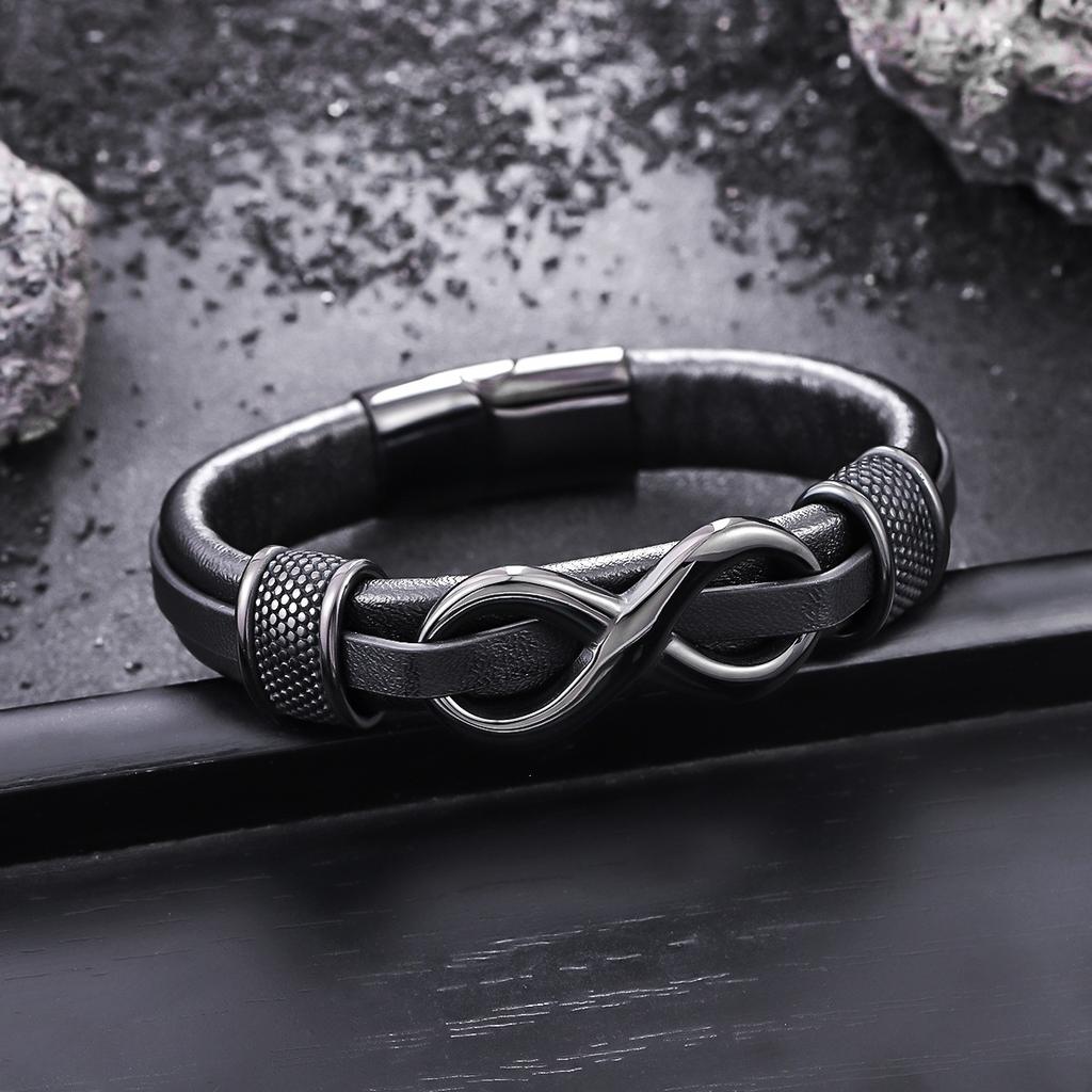 8-character leather braided bracelet with unique retro style stainless steel clasp jewelry for both men and women