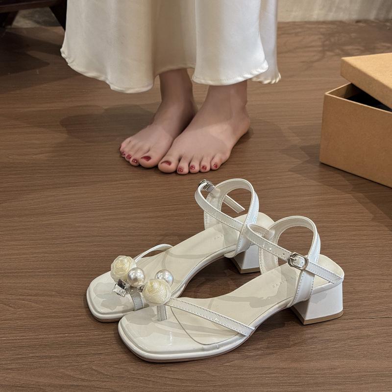 One word belt summer new square head high heels women's 2025 thick heel pearl outer wear black temperament low heel sandals