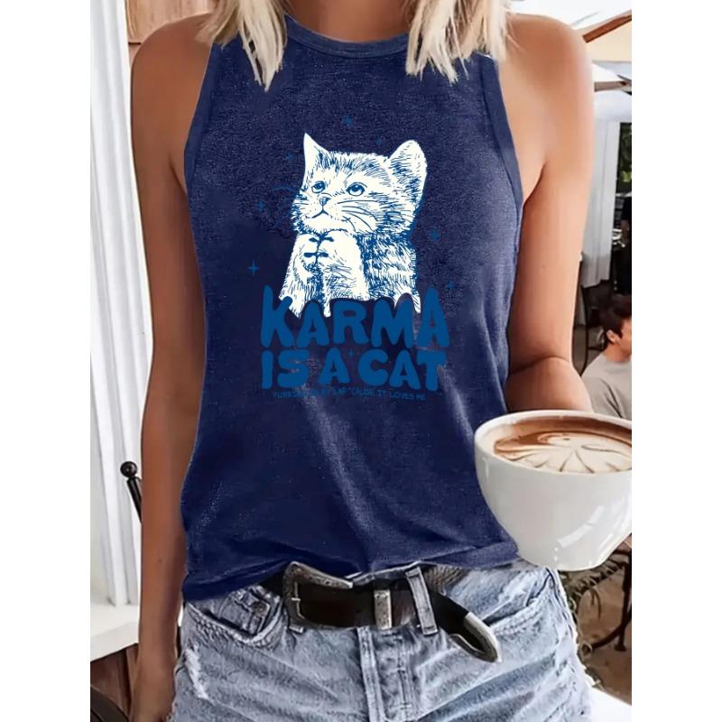 

Женский жилет с круглым вырезом с принтом кошки, пуловер на весну и лето, топ без рукавов XXL темно-синий