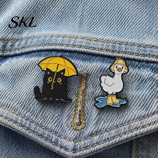 Rainy Day Pin Enamel Brooch, Animal Pin, Black Cat Umbrella Duck Treading Water Colorful Jewelry Badge, Vivid Expressions Stable Metal for Jacket Bag