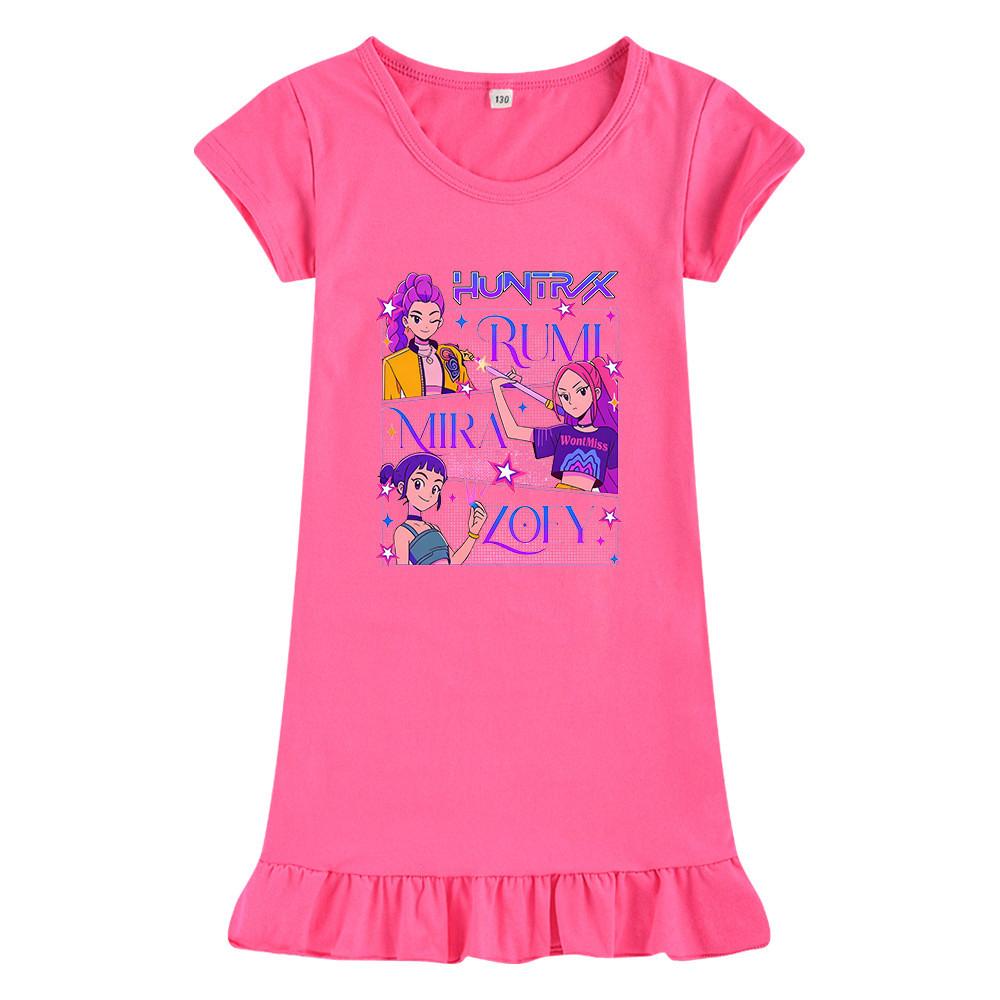 M1239 Kids Girls Kpop Rumi Zoey Mira Print Short Sleeves Ruffle Dress