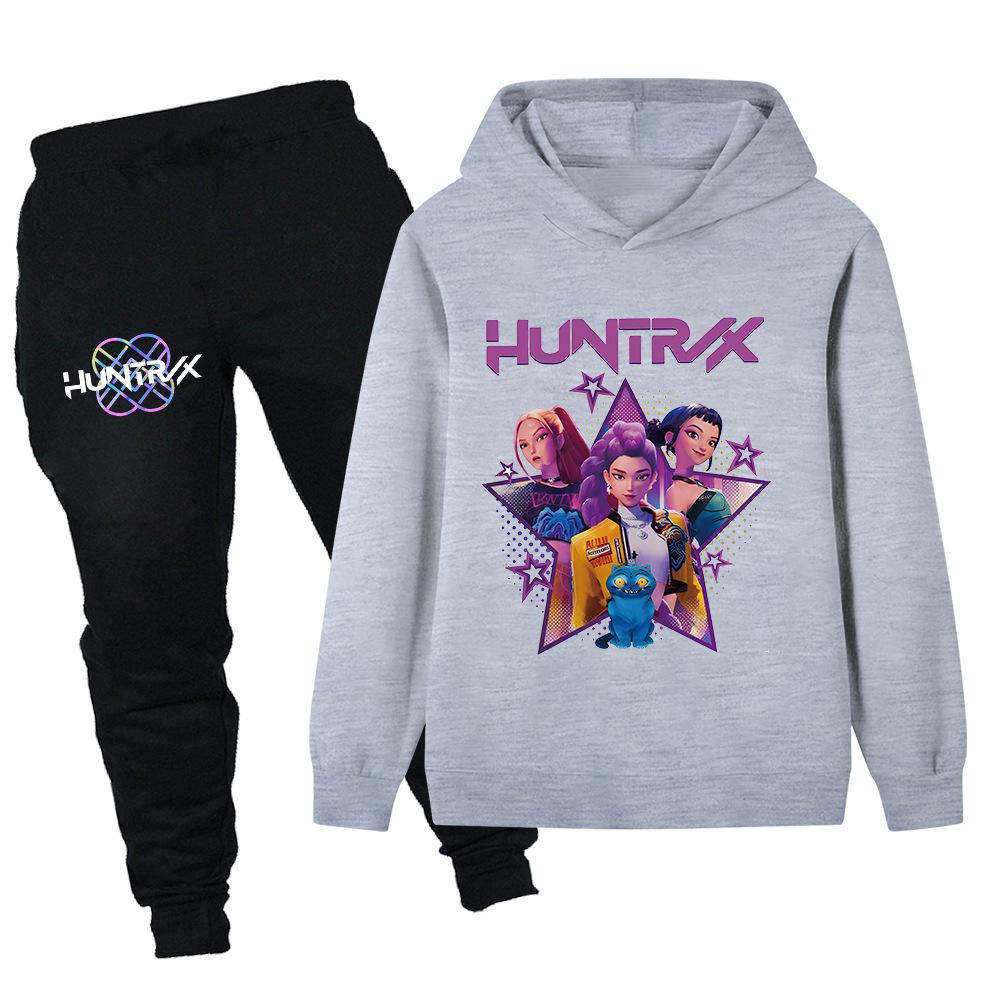 Autumn Winter Kpop Demon Hunters Pattern Hoodies Sweatpants Sets Fashionable Casual Warm Sports Long Sleeved Pants Kids Unisex Clothing Sets