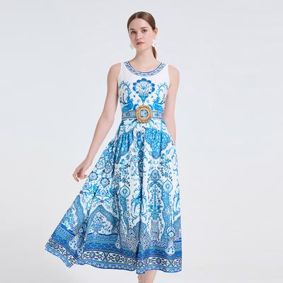 Summer Women Designer Peacock Flower Print Runway Dress Sleeveless Long Maxi Tank Party Dresses with Belt