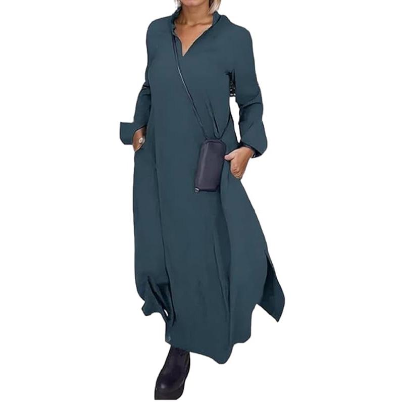 

Женское платье макси с длинным рукавом, однотонное, с V-образным вырезом, платья-рубашки, боковым разрезом, лацканом, свободное, длинное 2XL