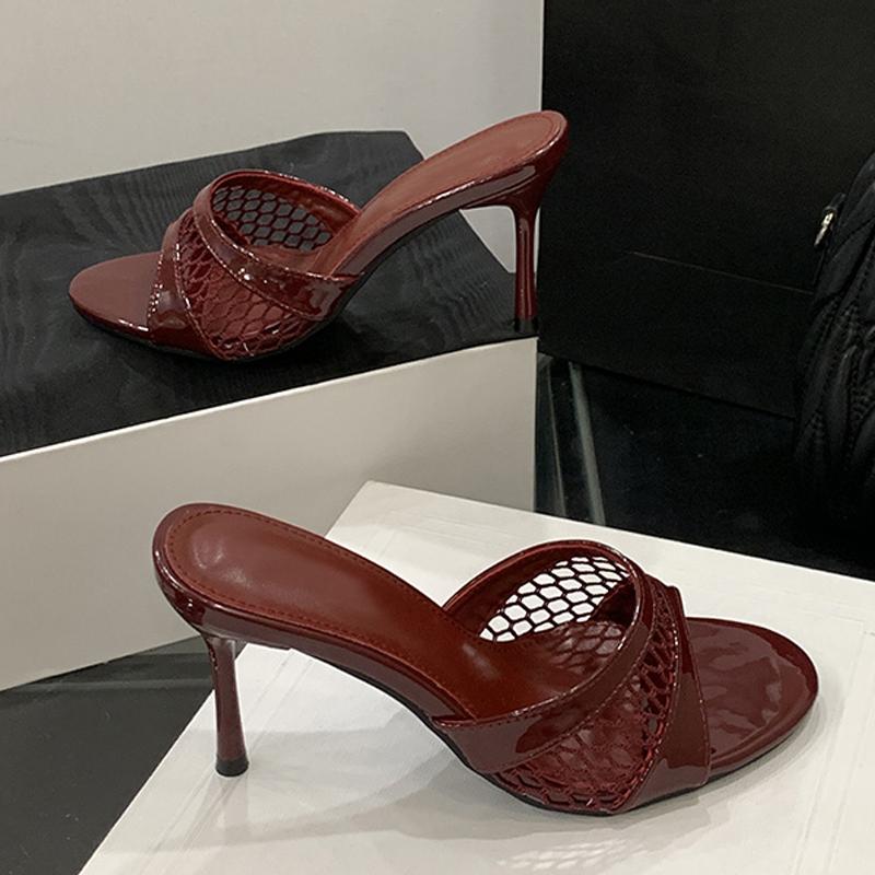 Heeled Footwear Female Slides Women Slippers Fashion Wine red Breathable Mesh Round Toe Thin Heels Sandals Pumps Shoes