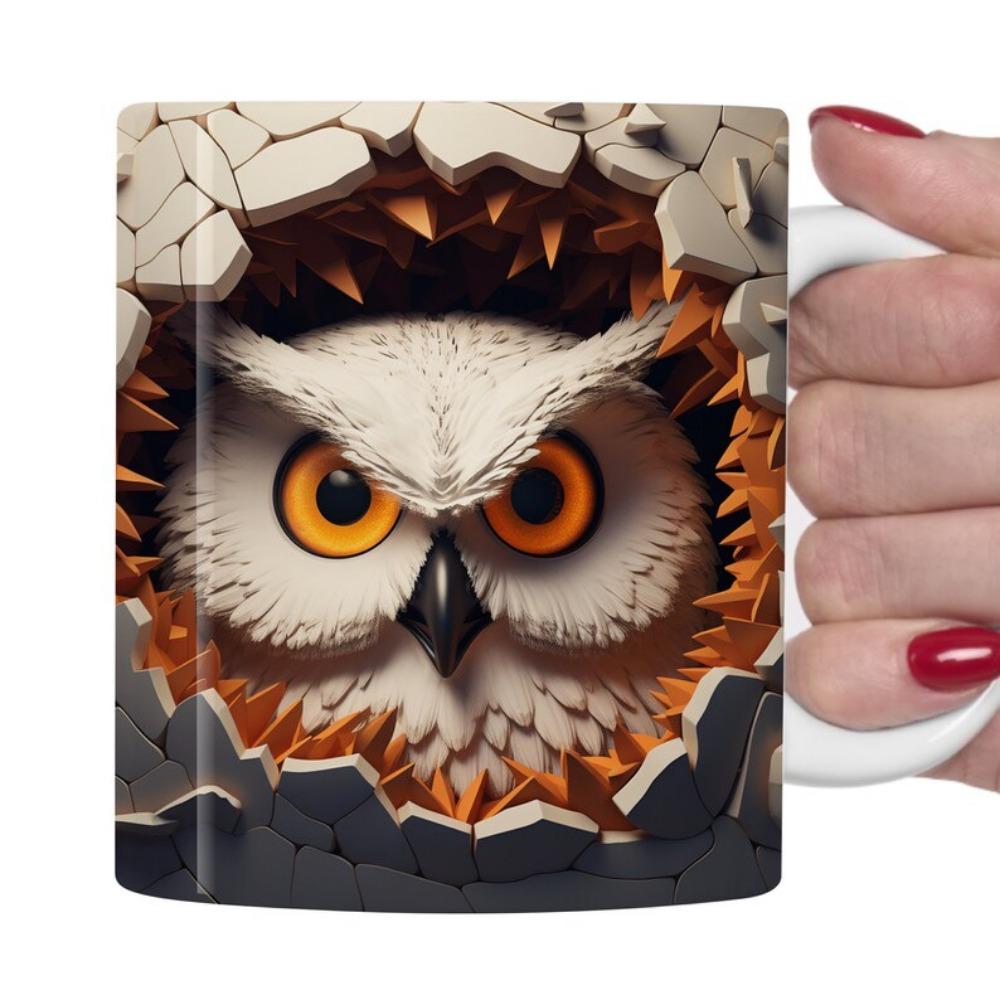 3D Owl, Ceramic Coffee Mug, Tea Cup, New Hole Wall, Cute Hole Wall