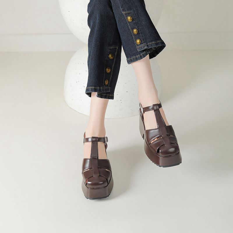 Krazing Pot Polyurethane Spring Summer Size 43 Size 42 Prints Women Platform Women Round Toe Buckle Straps Waterproof Sandals