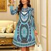 Women Long Sleeve Round Neck Midi Dress Vintage Geometric Floral Plum Blossom Stripe Dot Print Flared Casual Dress