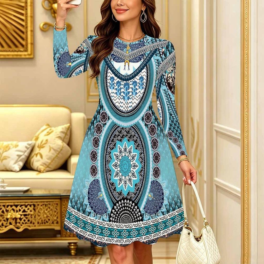 Women Long Sleeve Round Neck Midi Dress Vintage Geometric Floral Plum Blossom Stripe Dot Print Flared Casual Dress