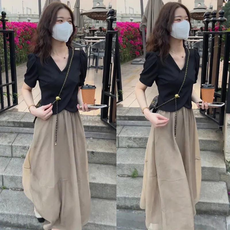 Influencer Women's Summer Two-Piece Set: Short Sleeve Crop Top & High Waist Midi Skirt