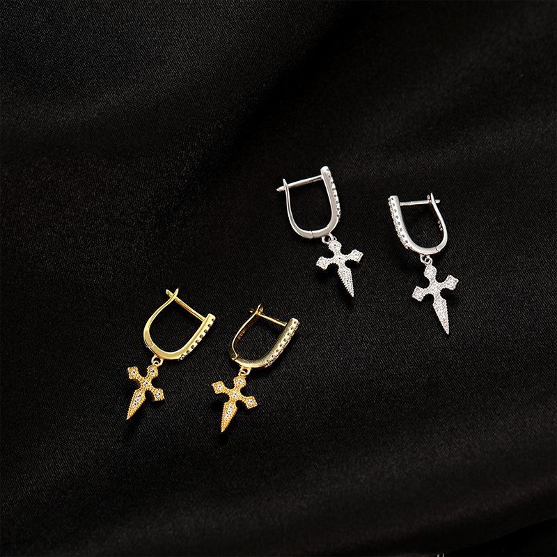 Banyan Tree S925 Silver Zircon Cross Earrings - Hip-Hop Style for Men & Women