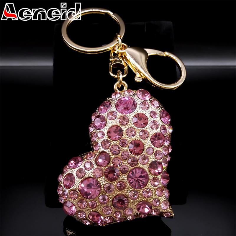 Pink Crystal Sparkling Heart Key Chain for Women Exquisite Sweet Alloy Rhinestone Keyring Car Bag Accessories Jewelry K9233S05