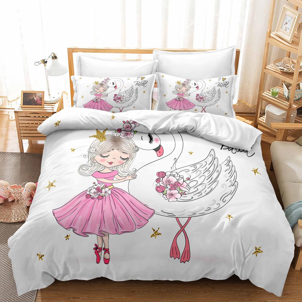 Cartoon Duvet Cover Twin King Kawaii Swan Ballerina Girl Bedding Set Microfiber Cute Dancer Comforter Cover Ballerina Room Decor