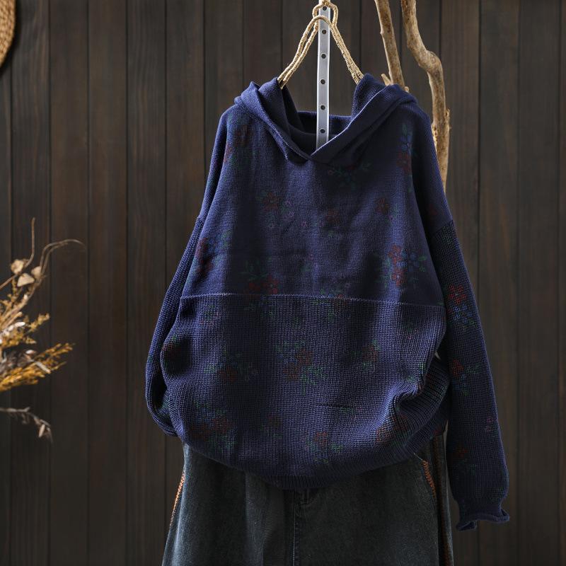 2025 Bo Jia Fan Flower Print Hooded Cotton Knit Sweater - Loose Fit, Autumn Style