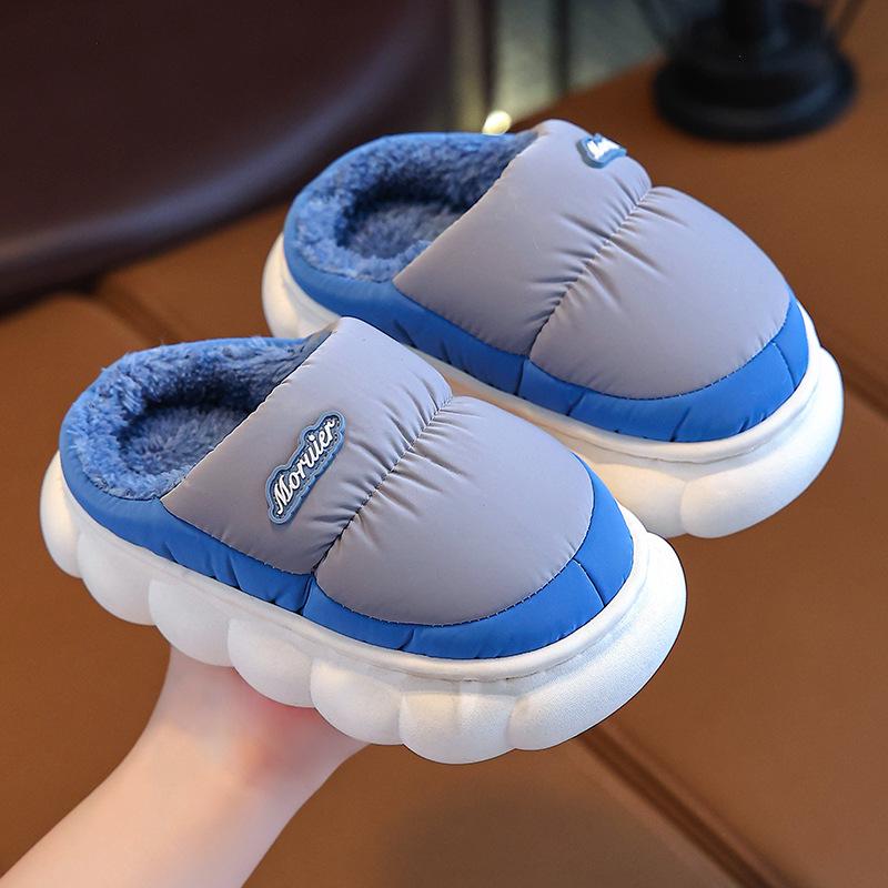Children's Winter Velvet-Lined Cotton Slippers with Heel Support - Non-Slip, Waterproof, Warm Shoes for Big Kids & Parent-Child Pairs