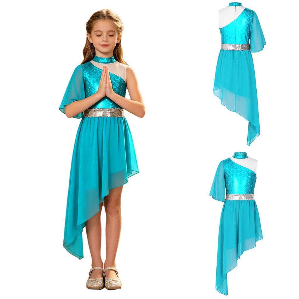 Kids Church Worship Dance Dress Metallic Bodice Asymmetrical Hem Sequin Belt Back Invisible Zipper for Praise Lyrical Stage Performance