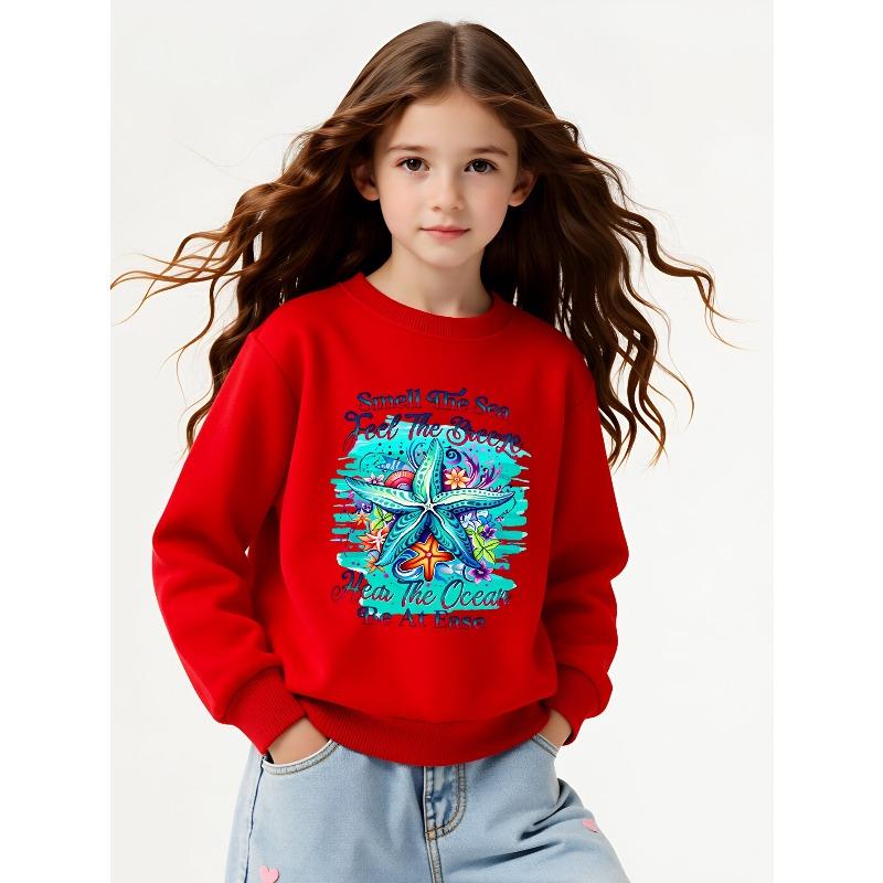 Girls Soft Crewneck SweatshirtSmell The Sea Feel The Breeze Starfish Floral Print with Cute Creative Print, Casual All-Match for Fall Winter