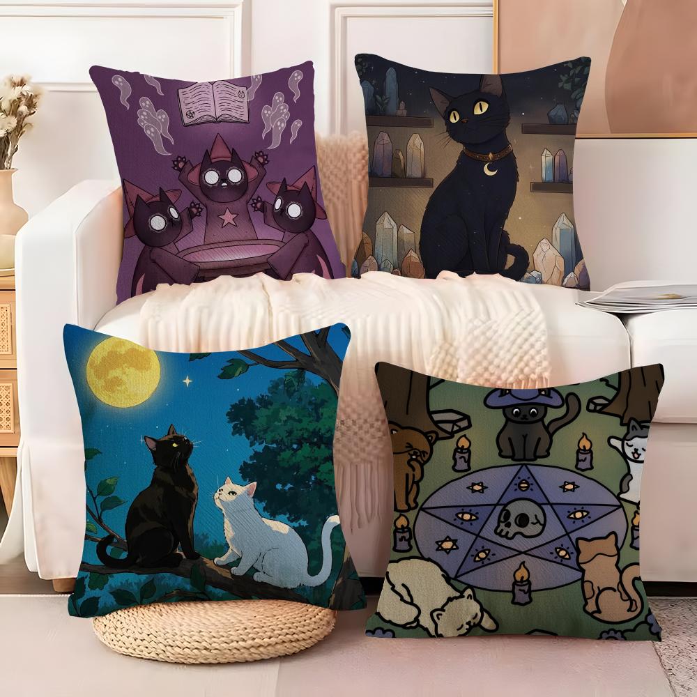 Wizard Cat Cushion Cover Natural Linen Organic Fabric DoubleSided Printing Sofa Home Decor Breathable Bed Pillow