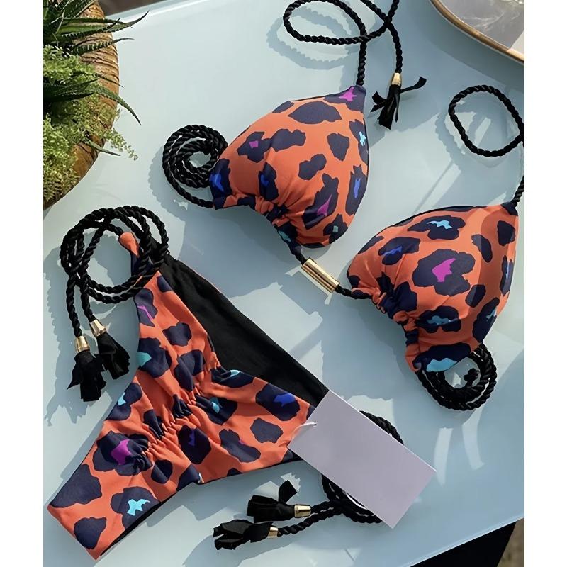 2026 Sexy leopardí vzor Plavky Dámská dvoudílná bikiny sada Tkaný popruh s lanem Třásně Plážové dámské dvoudílné plavky