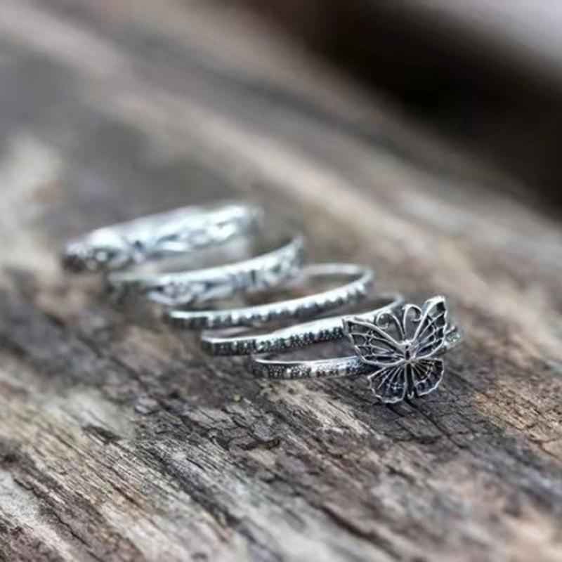 5Pcs Fashion Silver Color for Butterfly Rings for Women Male Lover Couple Rings Friendship Engagement Wedding Ring Open