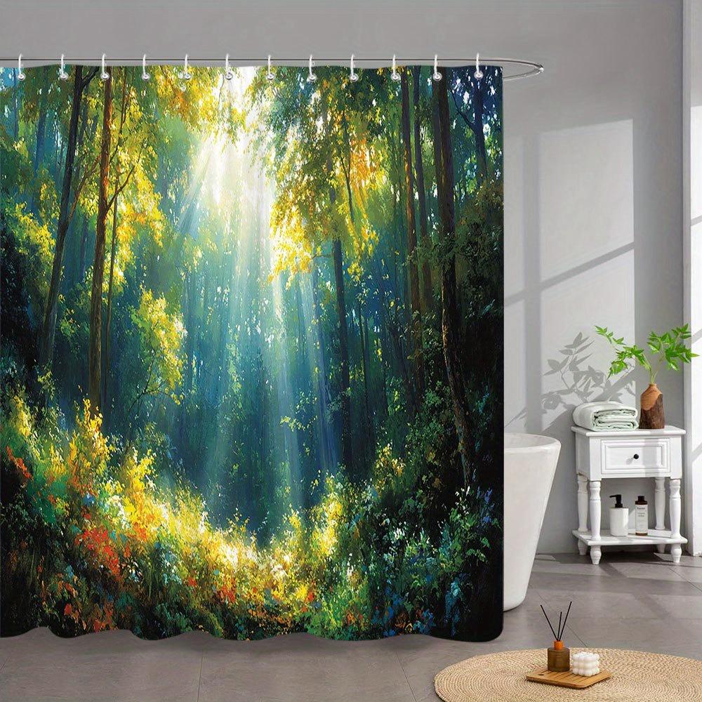 

1Pc Sunlit Forest Bath Curtain - Lush Golden Woodland With Wildflowers - Dappled Light Through Canopy - Magical Nature Watercolo W60H190(CM)-1 Pcs