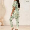 Women Plus Size Floral Printed Two Piece Set Round Neck Short Sleeve Light Green Fitted Long Pants Set